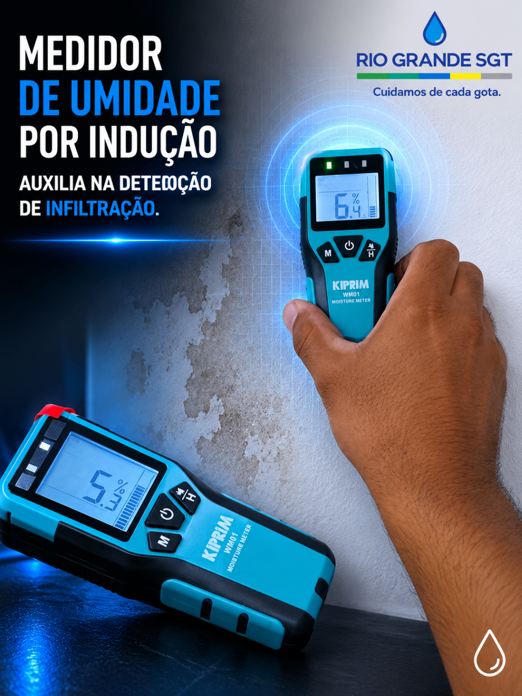 Medidor de umidade por indução aplicado em parede com infiltração