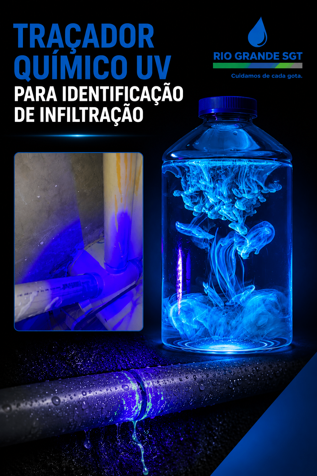 Traçador químico UV para identificação de infiltração hidráulica
