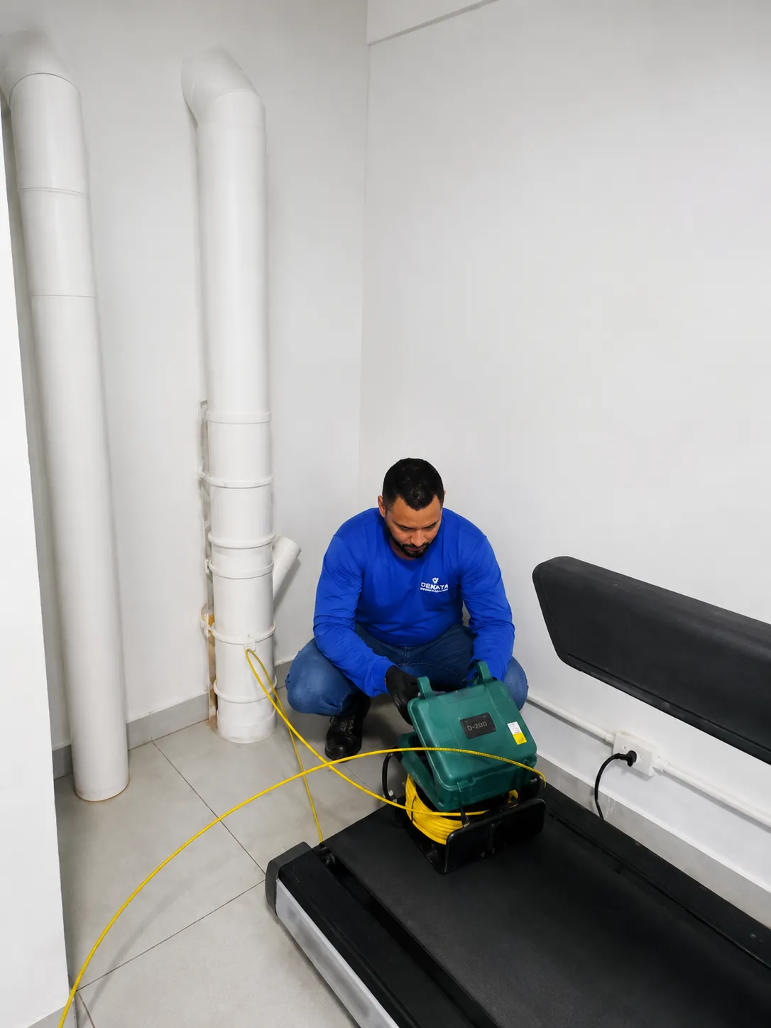 Profissional inspecionando sistema de piscina com equipamento técnico