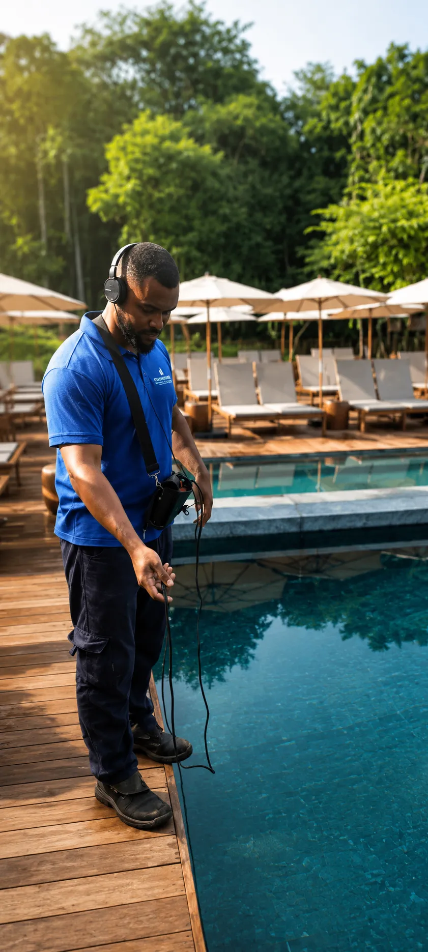 Especialista analisando dados de vazamento com equipamento de precisão